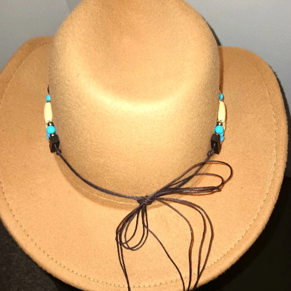 Tan Western Hat with Turquoise and Brown Beaded Band - Picture 5 of 9